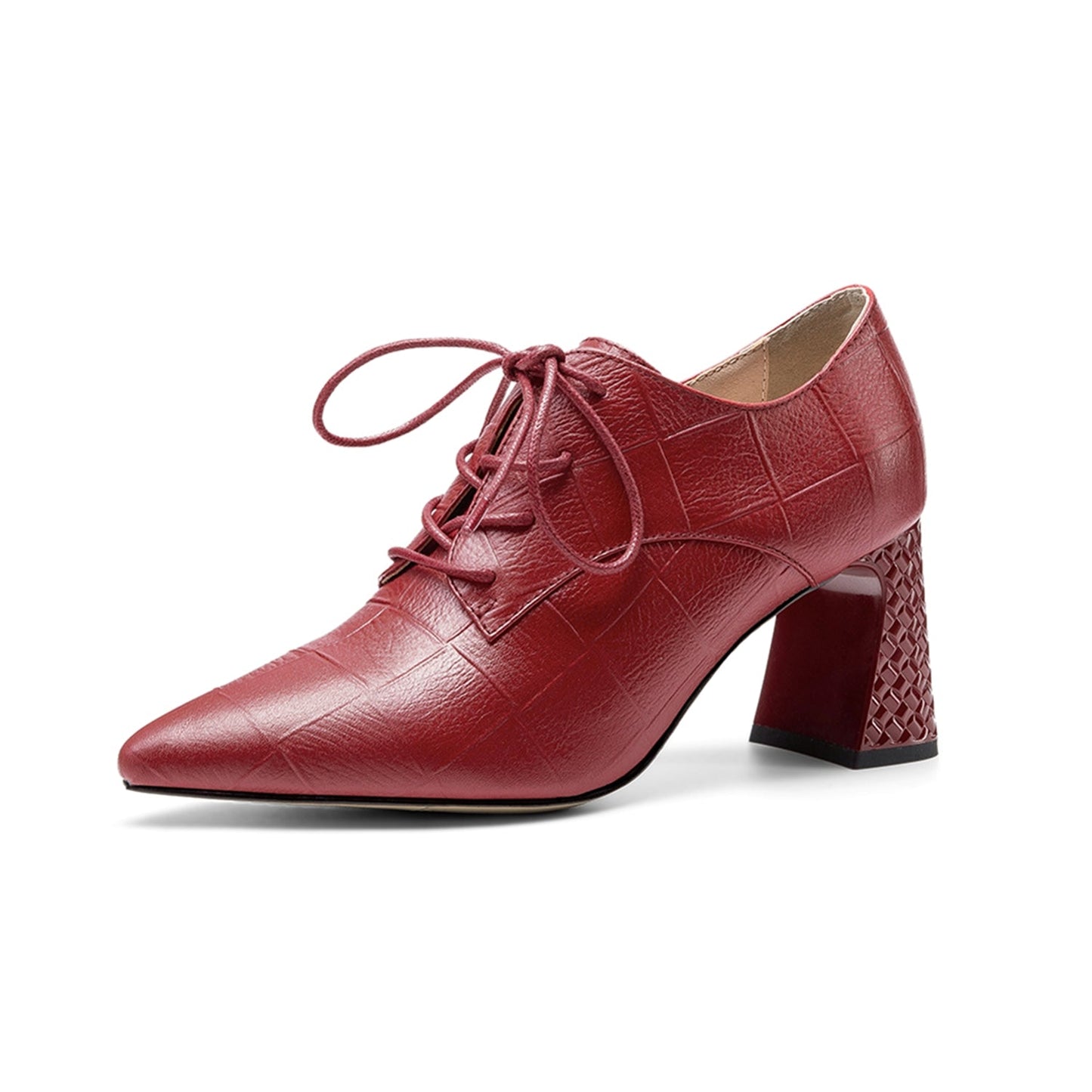 Nine Seven Women's Genuine Leather Handmade Pointed Toe Mid Chunky Heel Lace Up Modern Pump Shoes with Side Zip