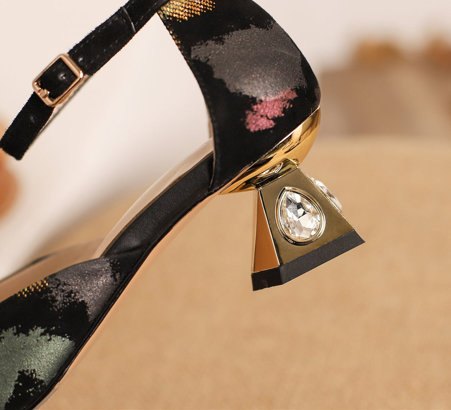 Nine Seven Women's Pointed Toe Printing Suede Leather Handmade Ankle Strap with Buckle Low Chunky Heel Pump Shoes