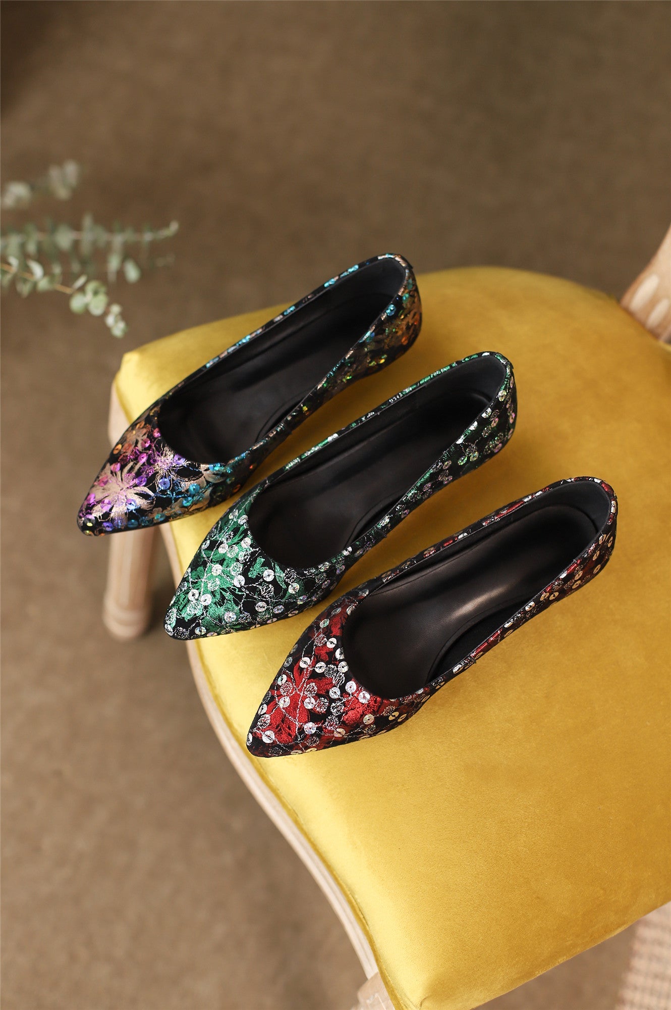 Nine Seven Women's Pointed Toe Genuine Leather Handmade Low Heel Slip On Unique Pump Shoes