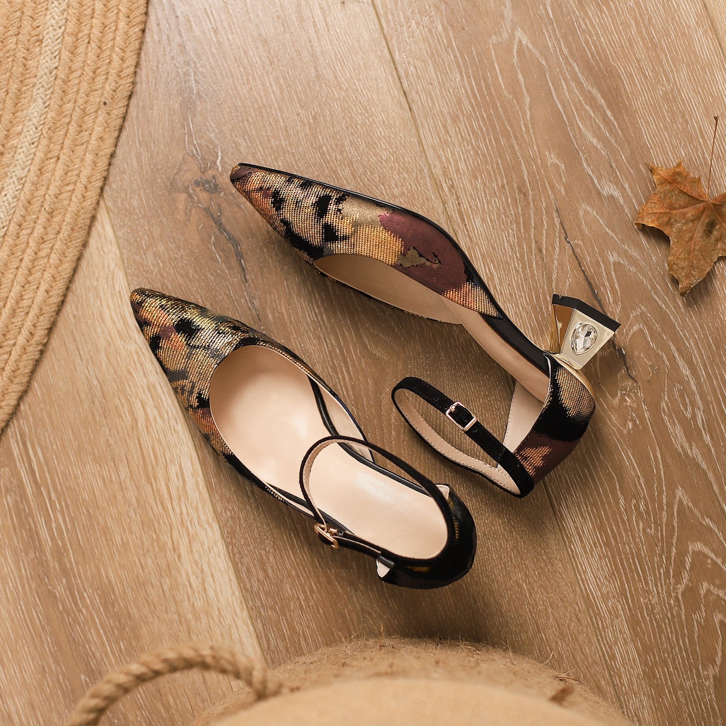 Nine Seven Women's Pointed Toe Printing Suede Leather Handmade Ankle Strap with Buckle Low Chunky Heel Pump Shoes