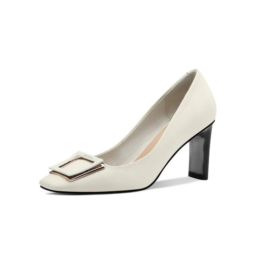 Nine Seven Women's Genuine Leather Handmade Square Toe Mid Chunky Heels Stylish Pumps Shoes with Buckle Décor