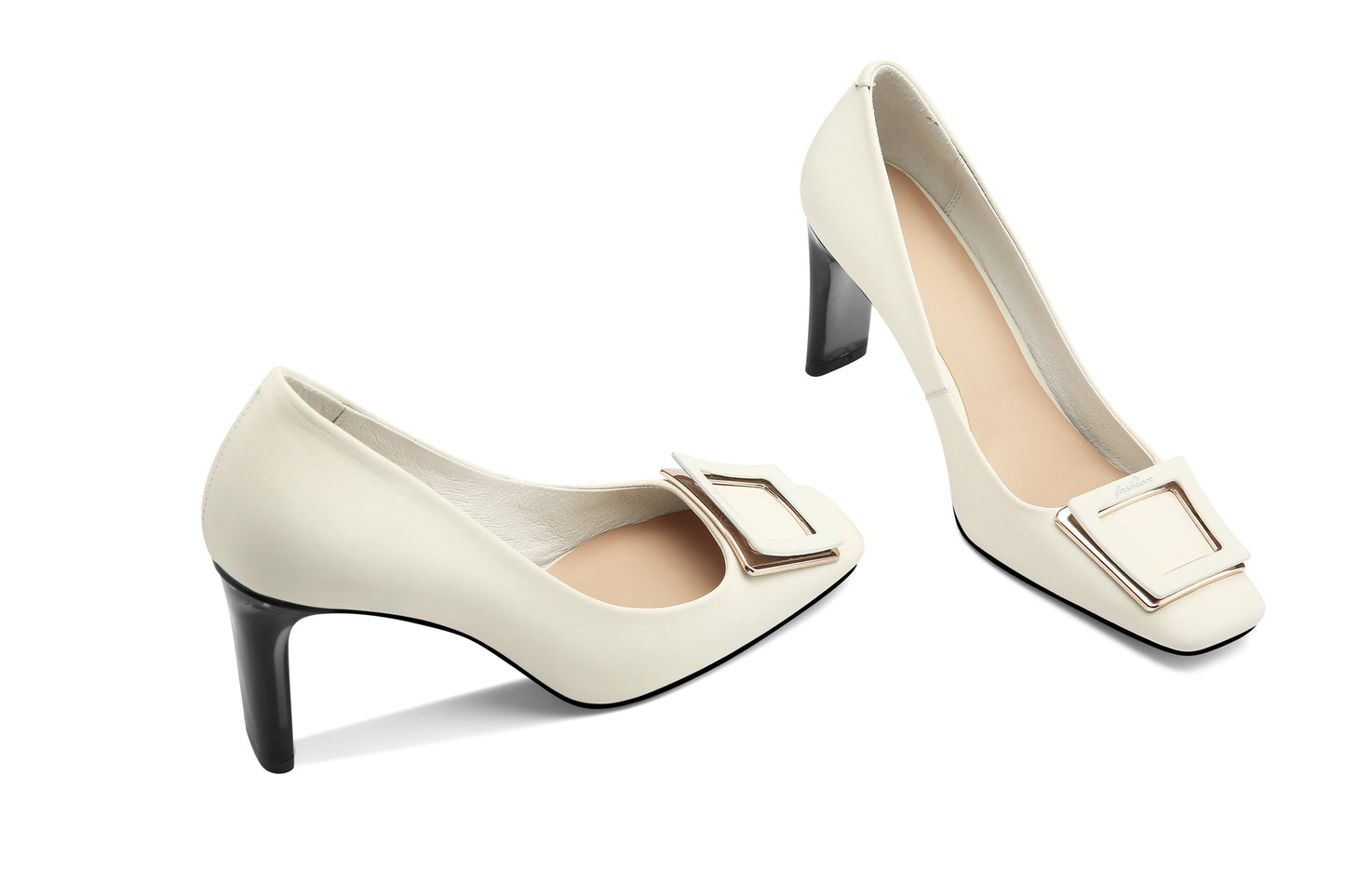 Nine Seven Women's Genuine Leather Handmade Square Toe Mid Chunky Heels Stylish Pumps Shoes with Buckle Décor