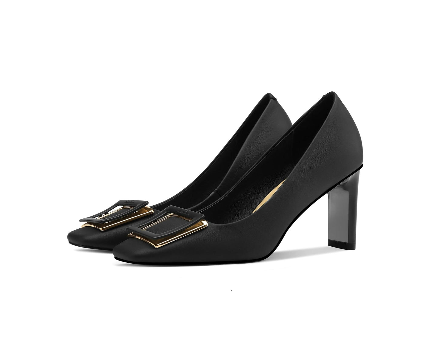 Nine Seven Women's Genuine Leather Handmade Square Toe Mid Chunky Heels Stylish Pumps Shoes with Buckle Décor