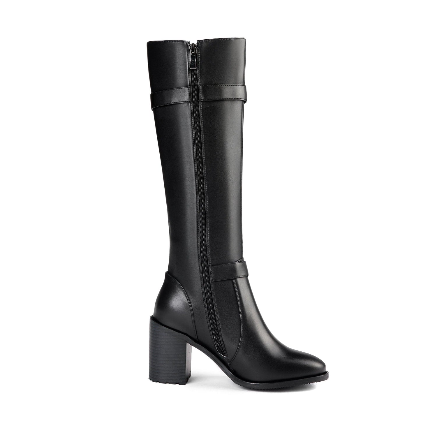 Nine Seven Genuine Leather Round Toe Chunky High Heel Comfortable Knee High Boots