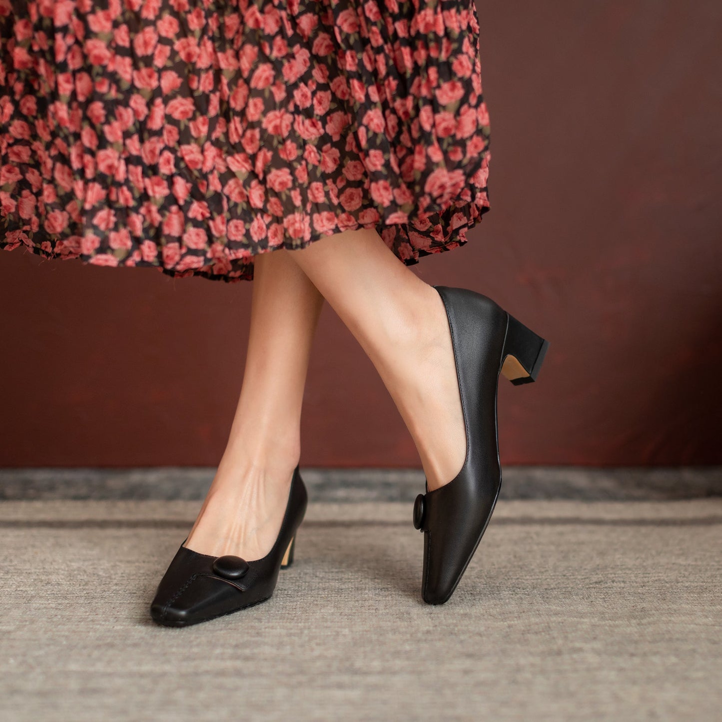 Nine Seven Genuine Leather Women's Handmade Square Toe Low Heel Button Graceful Pump Shoes