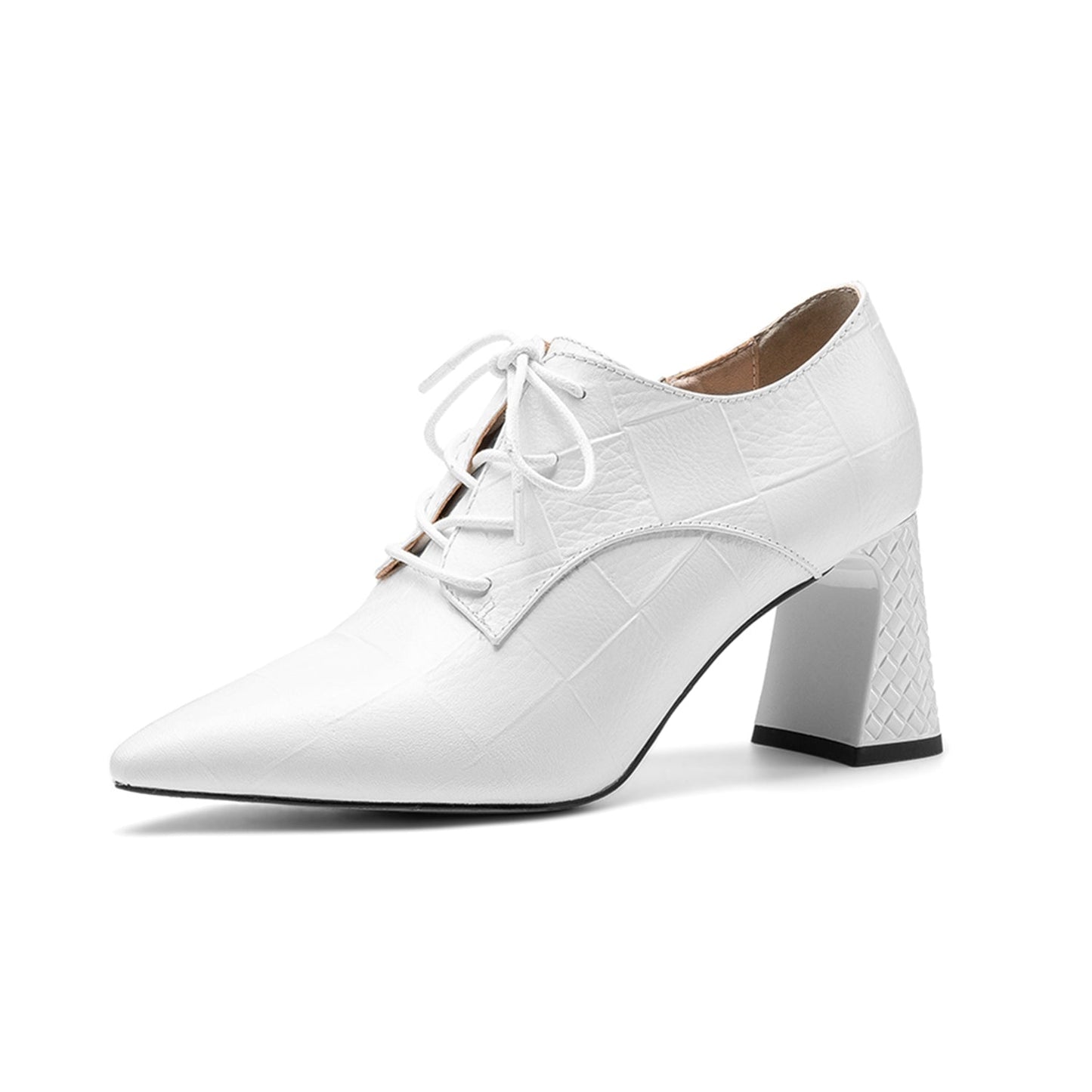 Nine Seven Women's Genuine Leather Handmade Pointed Toe Mid Chunky Heel Lace Up Modern Pump Shoes with Side Zip