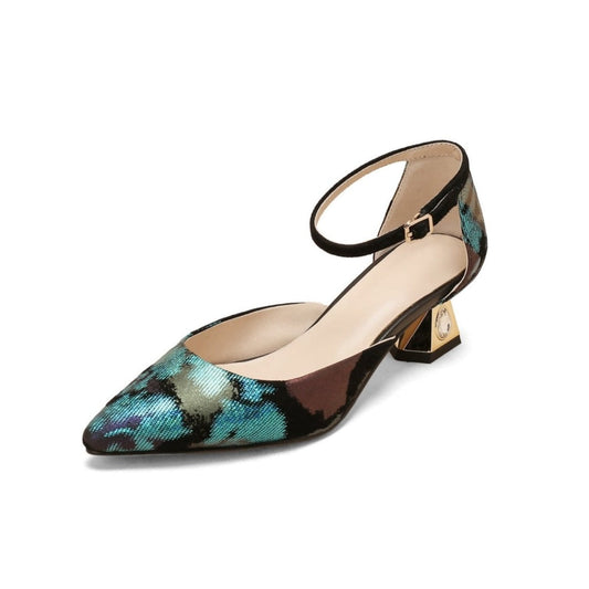 Nine Seven Women's Pointed Toe Printing Suede Leather Handmade Ankle Strap with Buckle Low Chunky Heel Pump Shoes