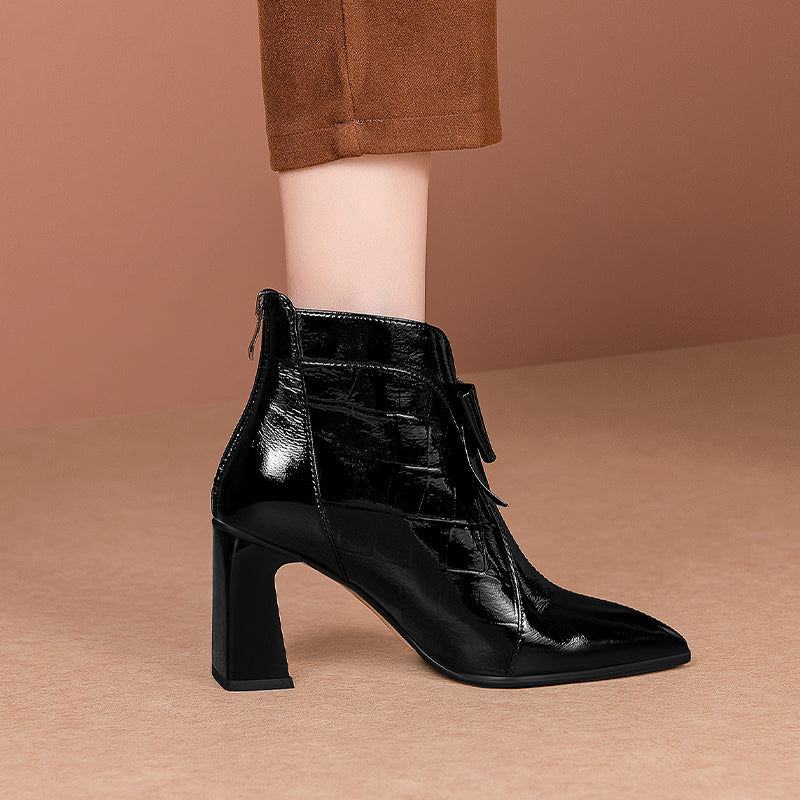 Nine Seven Patent Leather Women's Handmade Pointed Toe High Heel Glossy Bowknot Ankle Booties with Back Zip