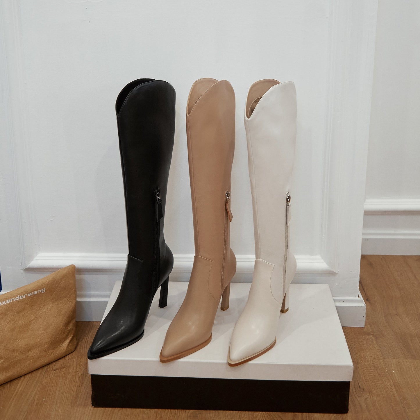 Nine Seven Women's Genuine Leather Pointed Toe Handmade Stiletto Heels Half Side Zipper Stylish Knee High Boots