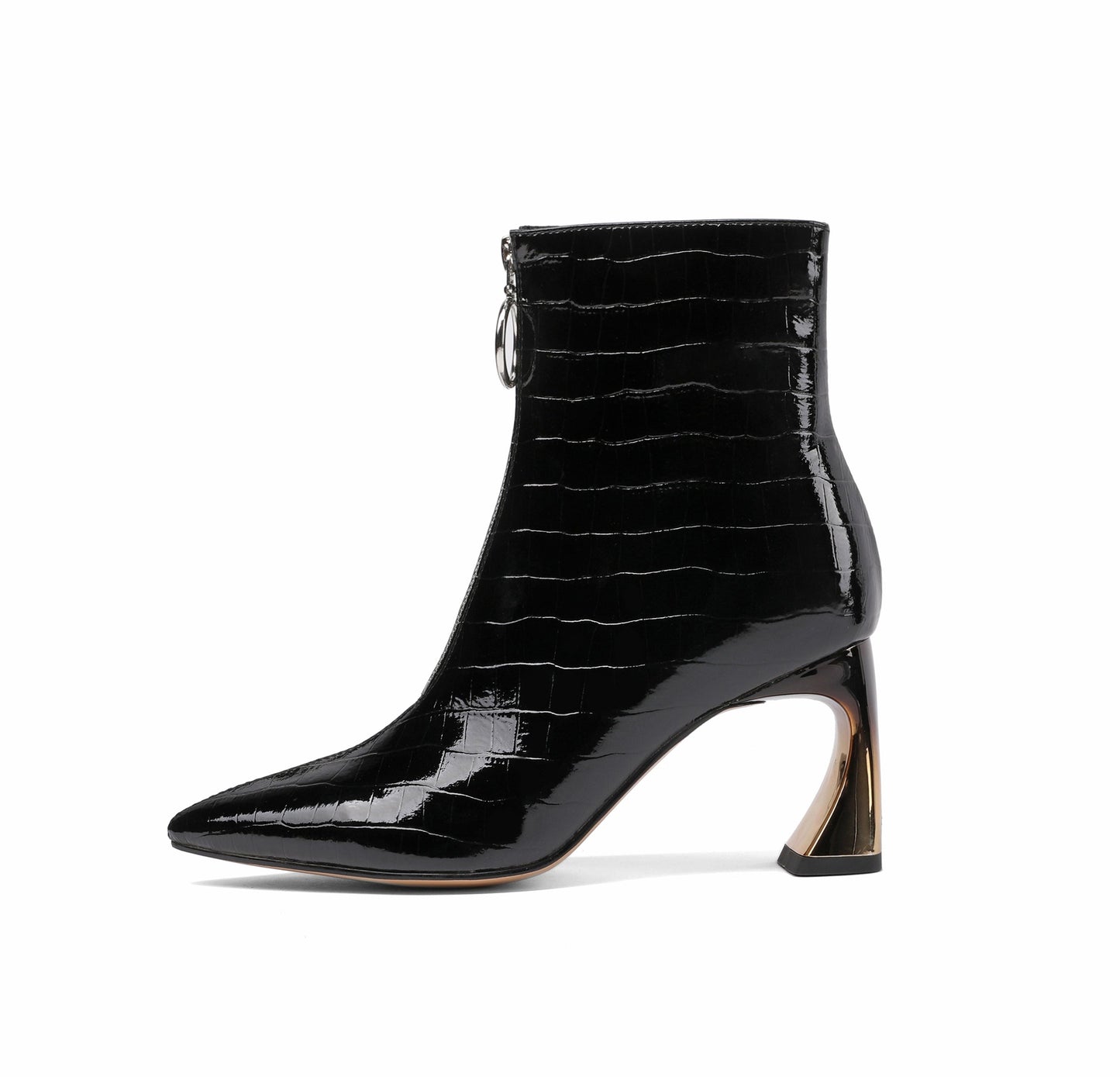 Nine Seven Women's Handmade Patent Leather Pointed Toe Stylish Front Zip Up High Spool Heel Ankle Boots