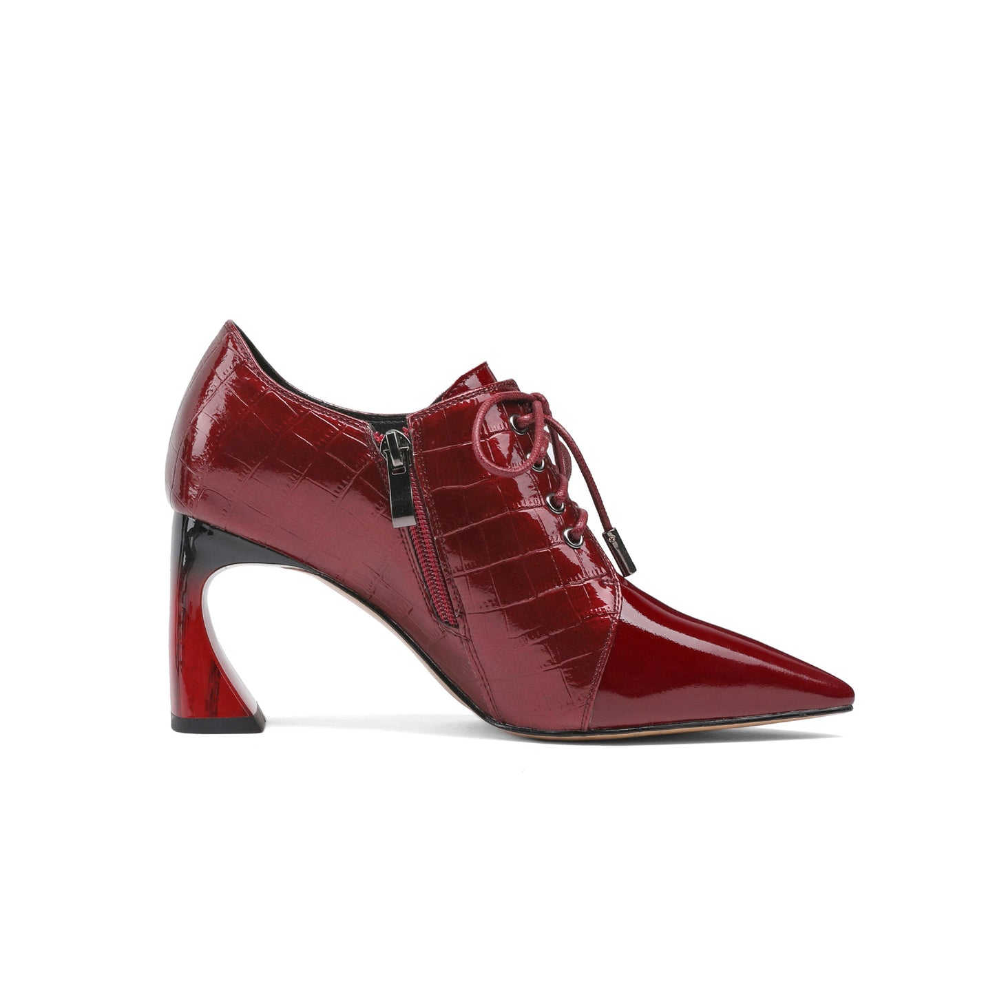 Nine Seven Patent Leather Women's Handmade Pointed Lace Up Toe High Spool Heel Side Zip Retro Pumps