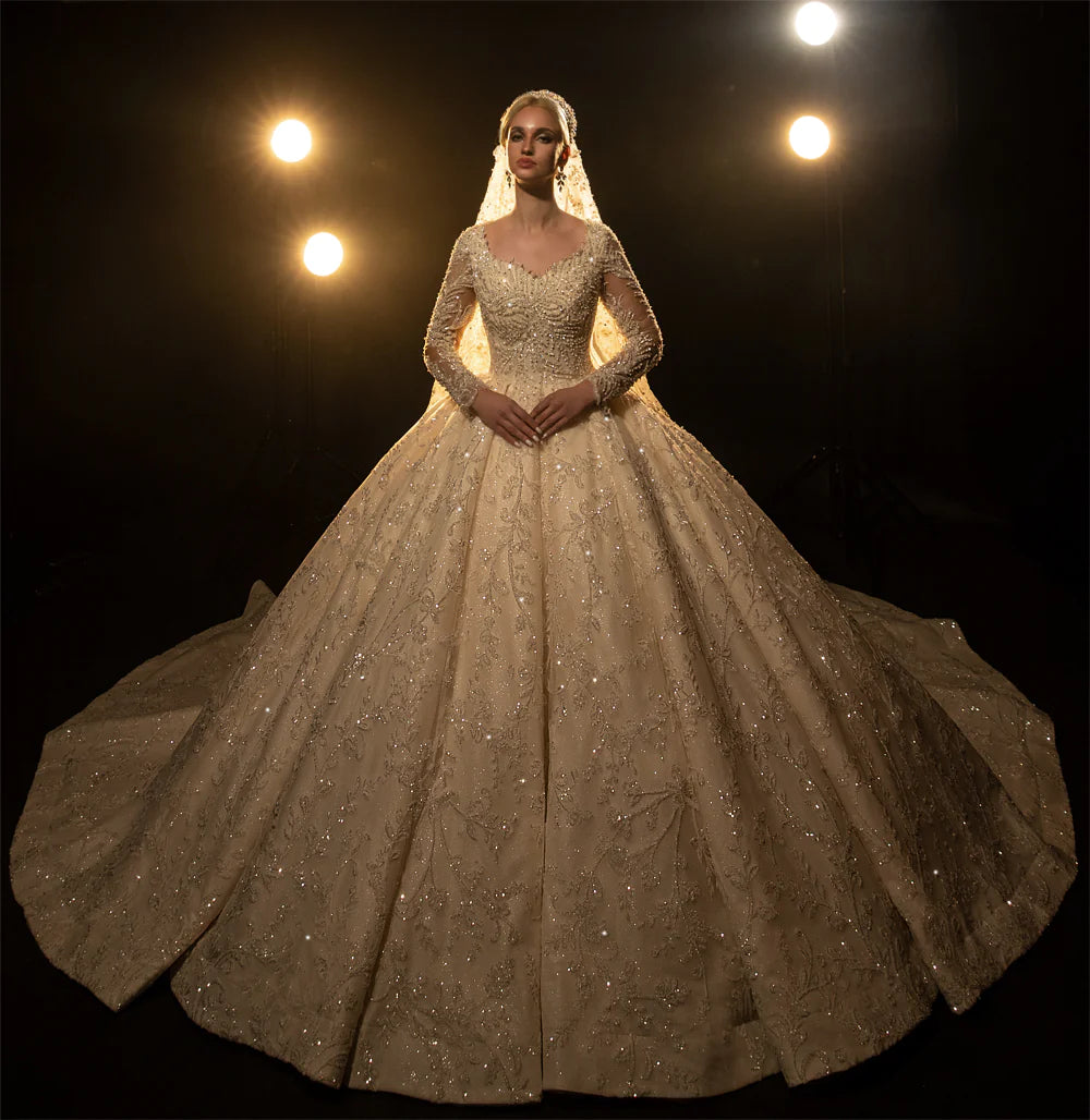 Nine Seven Long Sleeves  Sparkly Sequin Lace Appliques Square Neck Bridal Ball Grown Wedding Dress Customization