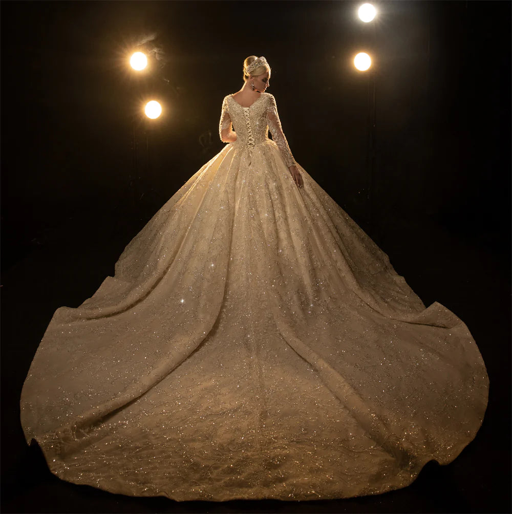 Nine Seven Long Sleeves  Sparkly Sequin Lace Appliques Square Neck Bridal Ball Grown Wedding Dress Customization