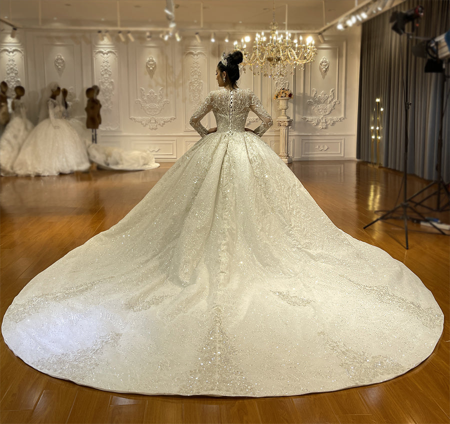 Nine Seven Lace Appliques Rhinestones Crystal Luxury Long Wedding Dress Customization