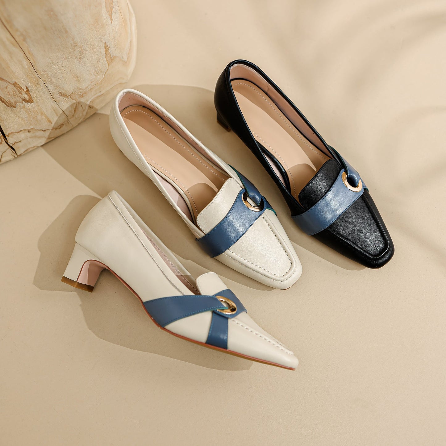 Nine Seven Women's Square Toe Genuine Leather Handmade Low Heels Slip On Casual Pumps Shoes