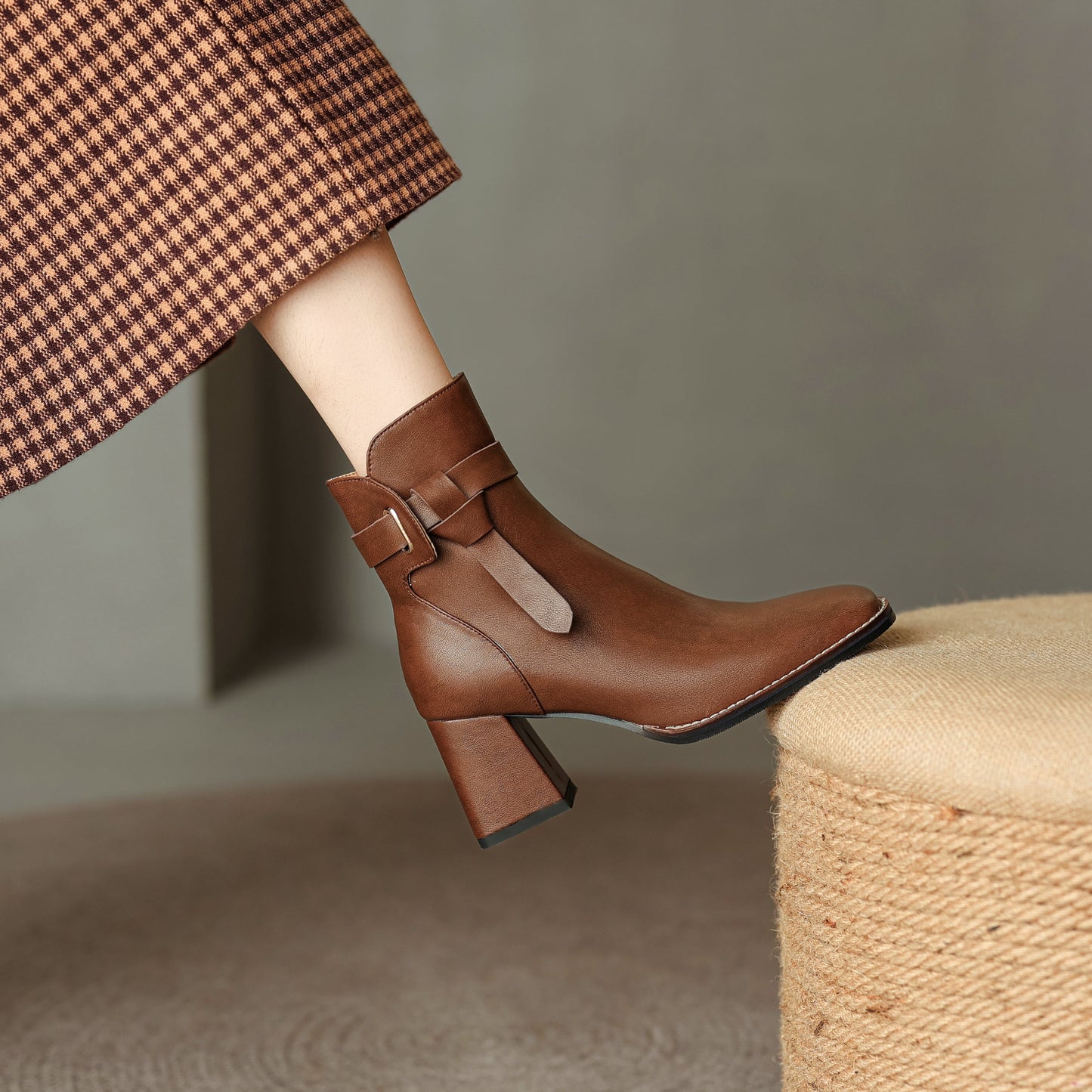 Nine Seven Women's Genuine Leather Handmade Buckle Belt Side Zip Up Square Toe Mid Block Heel Ankle Boots