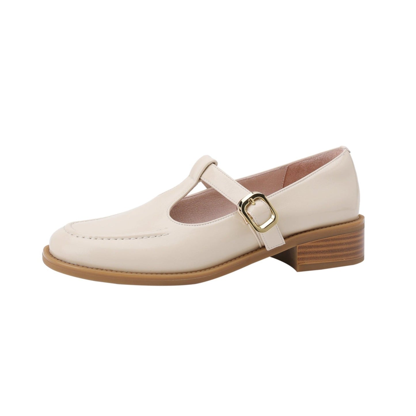 Nine Seven Women's Round Toe Genuine Leather Handmade Buckle Low Chunky Heels Retro Shoes