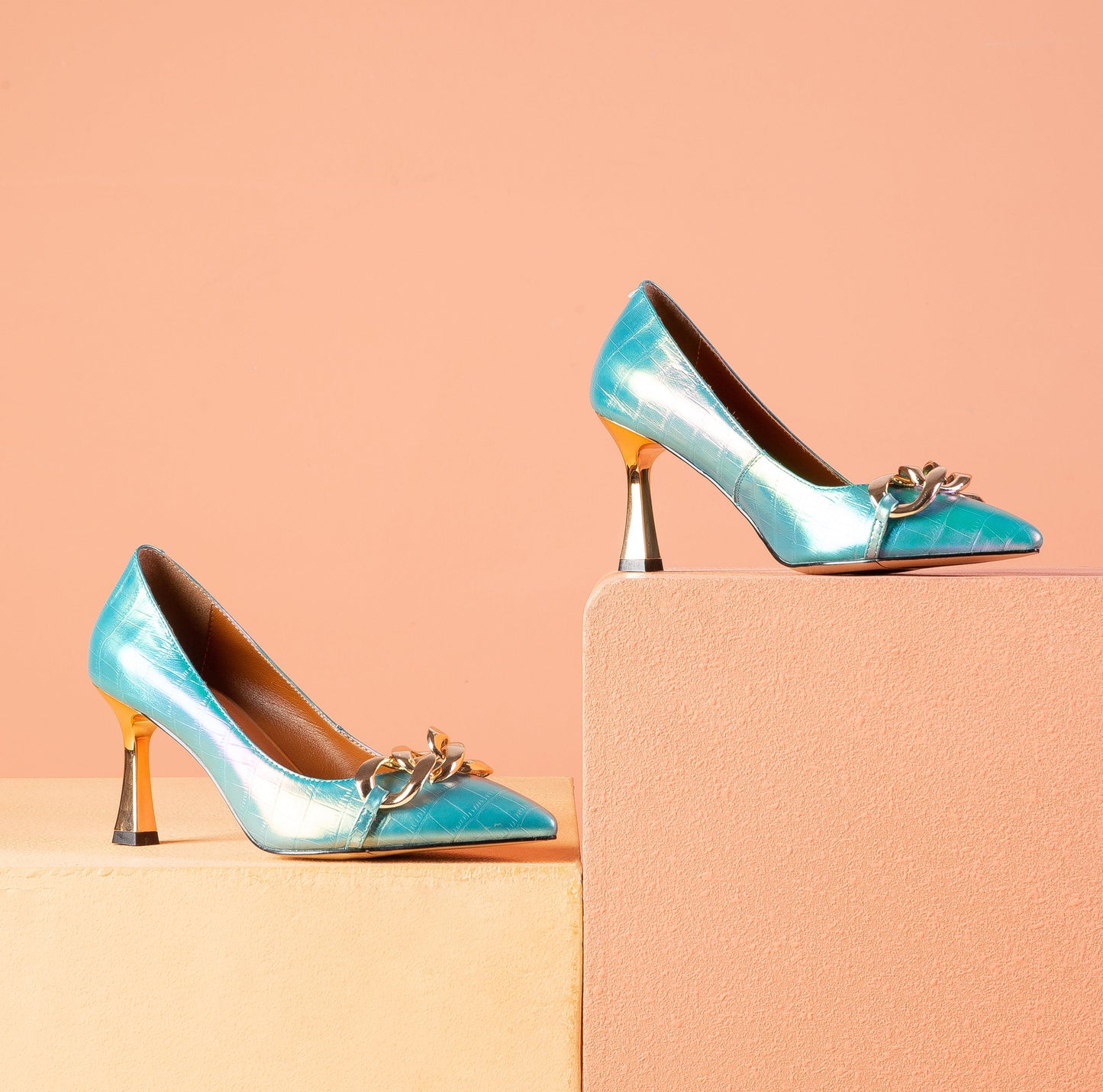 Nine Seven Women's Genuine Leather Handmade Pointed Toe Sexy Mental High Kitten Heel Slip On Loafer Pumps with Mental Pattern Decor