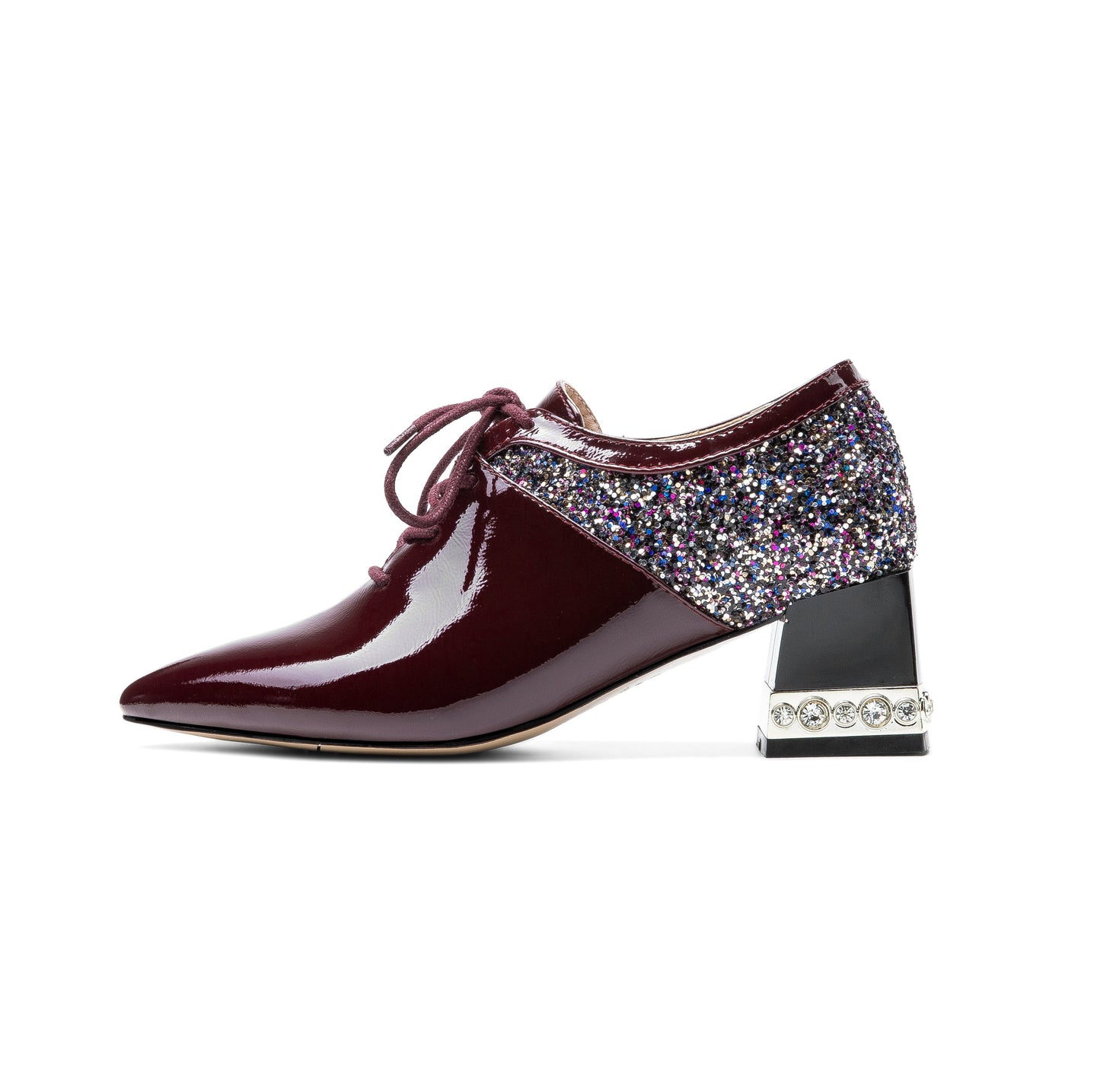 Nine Seven Women's Handmade Genuine Leather Pointed Toe Mid Chunky Heel Lace Up Comfortable Pump Shoes with Sparkling Glitter