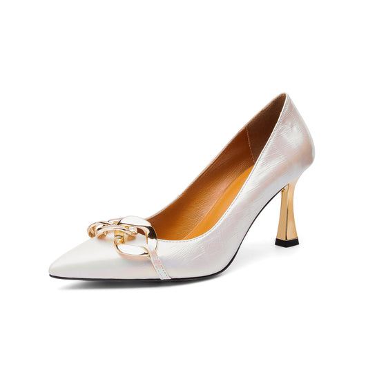 Nine Seven Women's Genuine Leather Handmade Pointed Toe Sexy Mental High Kitten Heel Slip On Loafer Pumps with Mental Pattern Decor