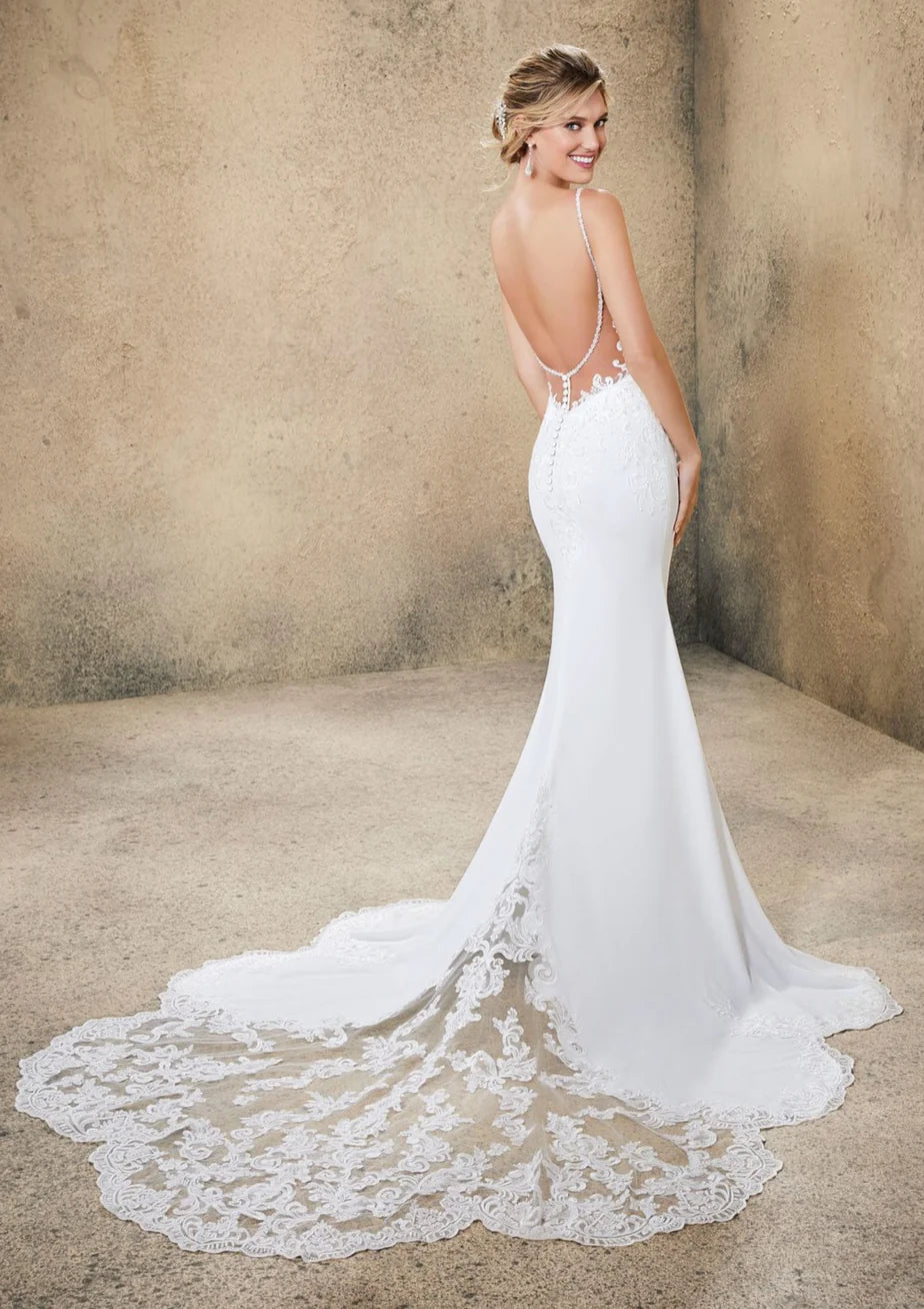 Nine Seven Plunging V-Neckline Low and Open Scoop Back Bohemian Bridal Grown Wedding Dress Customization