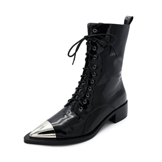 Nine Seven Women's Patent Leather Low Chunky Heel Lace Up Handmade Cap Toe Mid Calf Boots