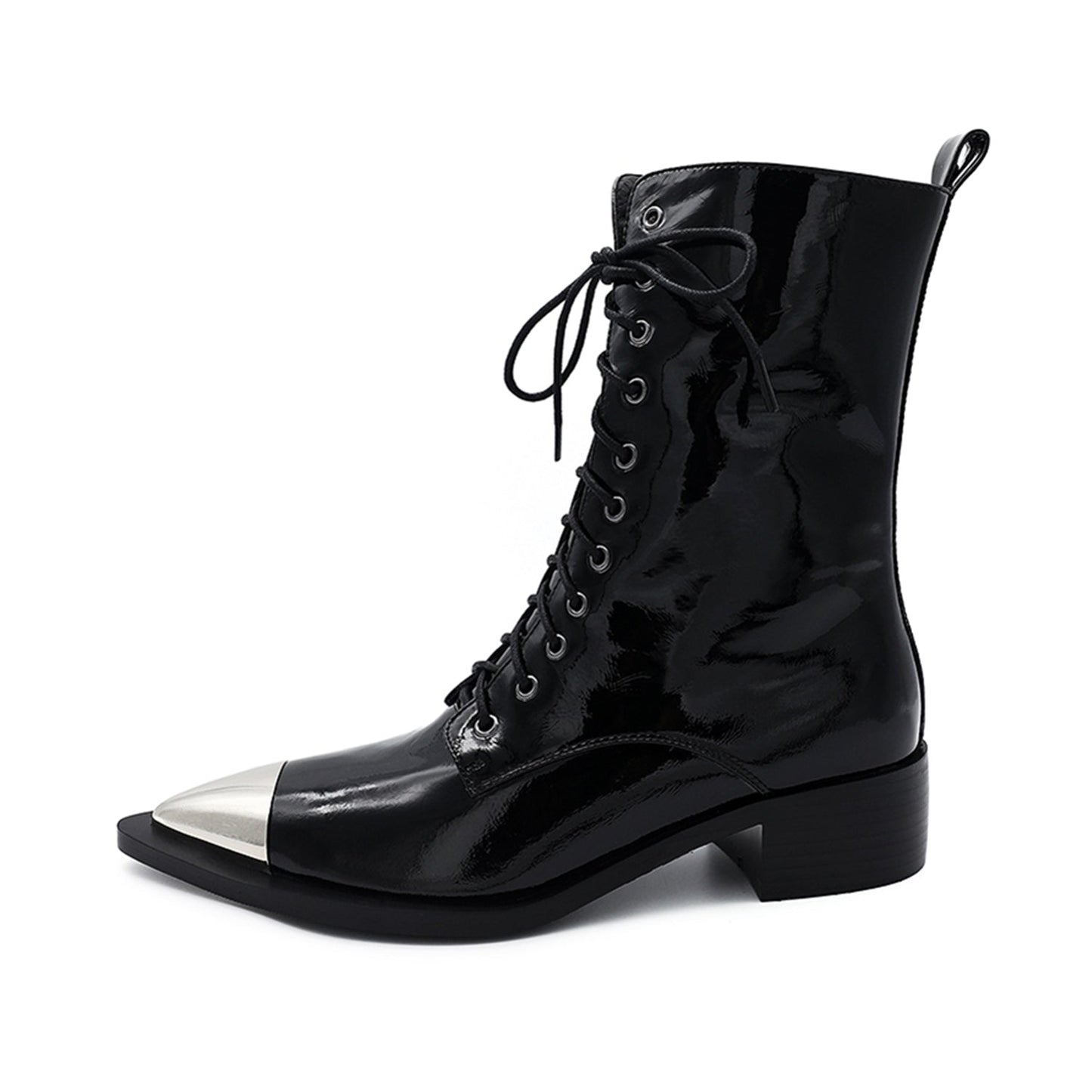 Nine Seven Women's Patent Leather Low Chunky Heel Lace Up Handmade Cap Toe Mid Calf Boots