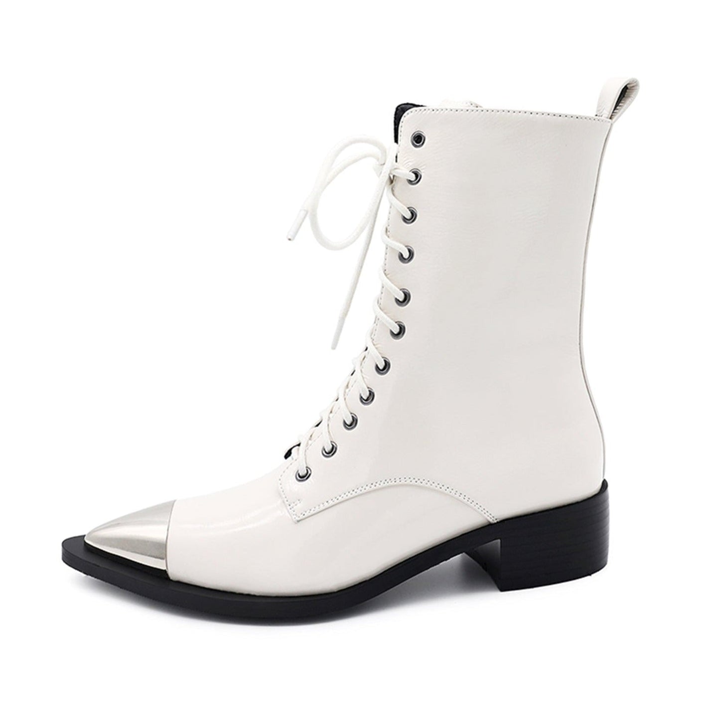 Nine Seven Women's Patent Leather Low Chunky Heel Lace Up Handmade Cap Toe Mid Calf Boots