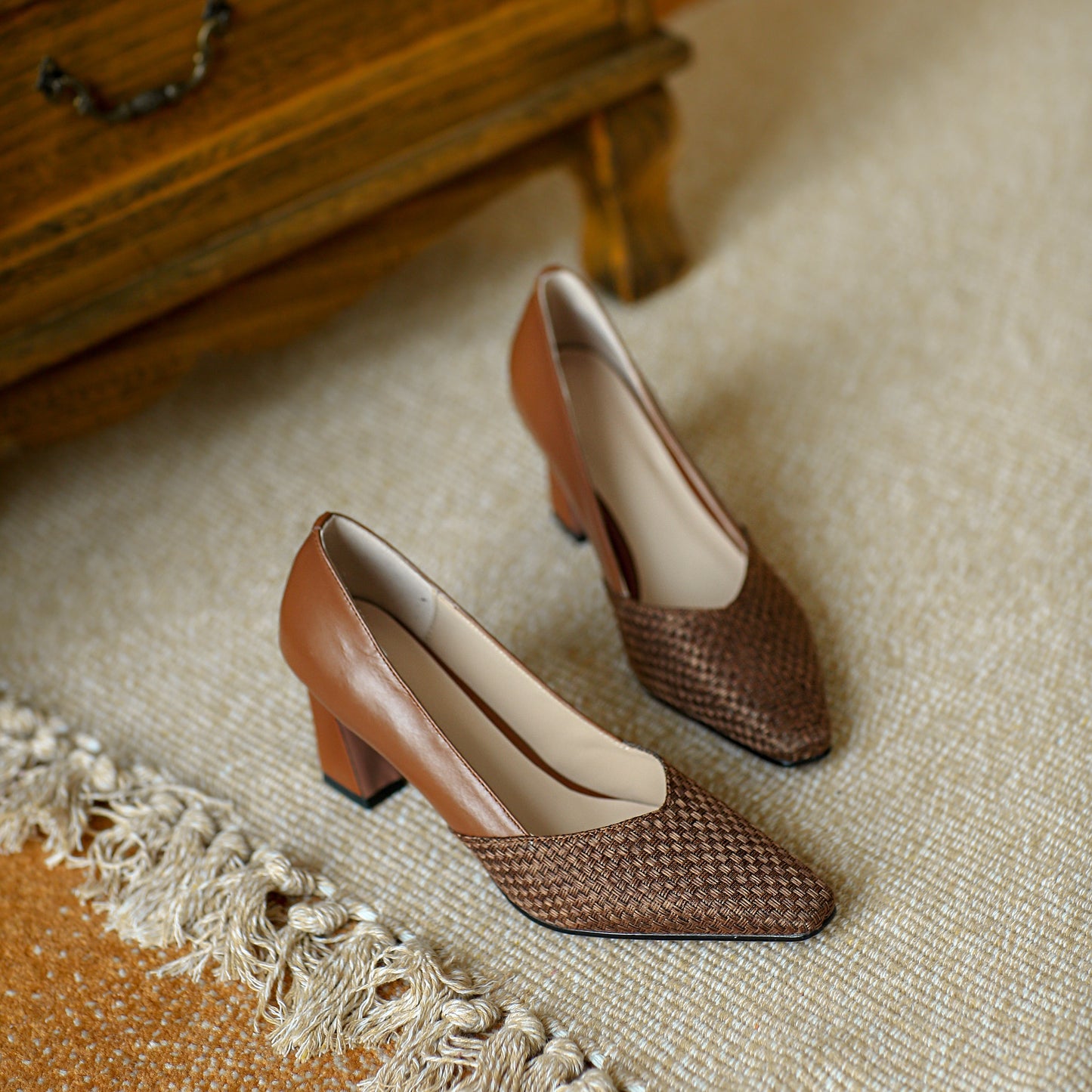 Nine Seven Women's Genuine Leather Fabric Handmade Little Square Toe High Heel Slip On Graceful Pump Shoes