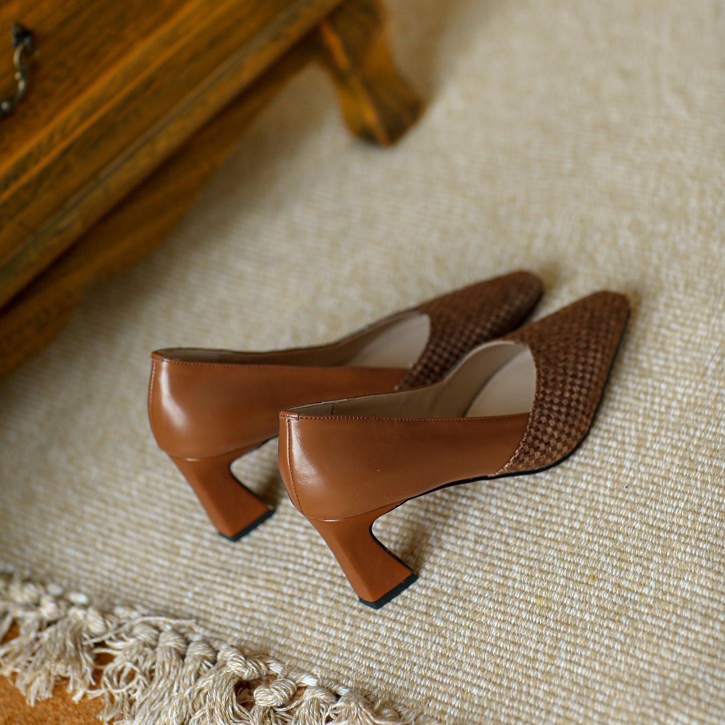 Nine Seven Women's Genuine Leather Fabric Handmade Little Square Toe High Heel Slip On Graceful Pump Shoes