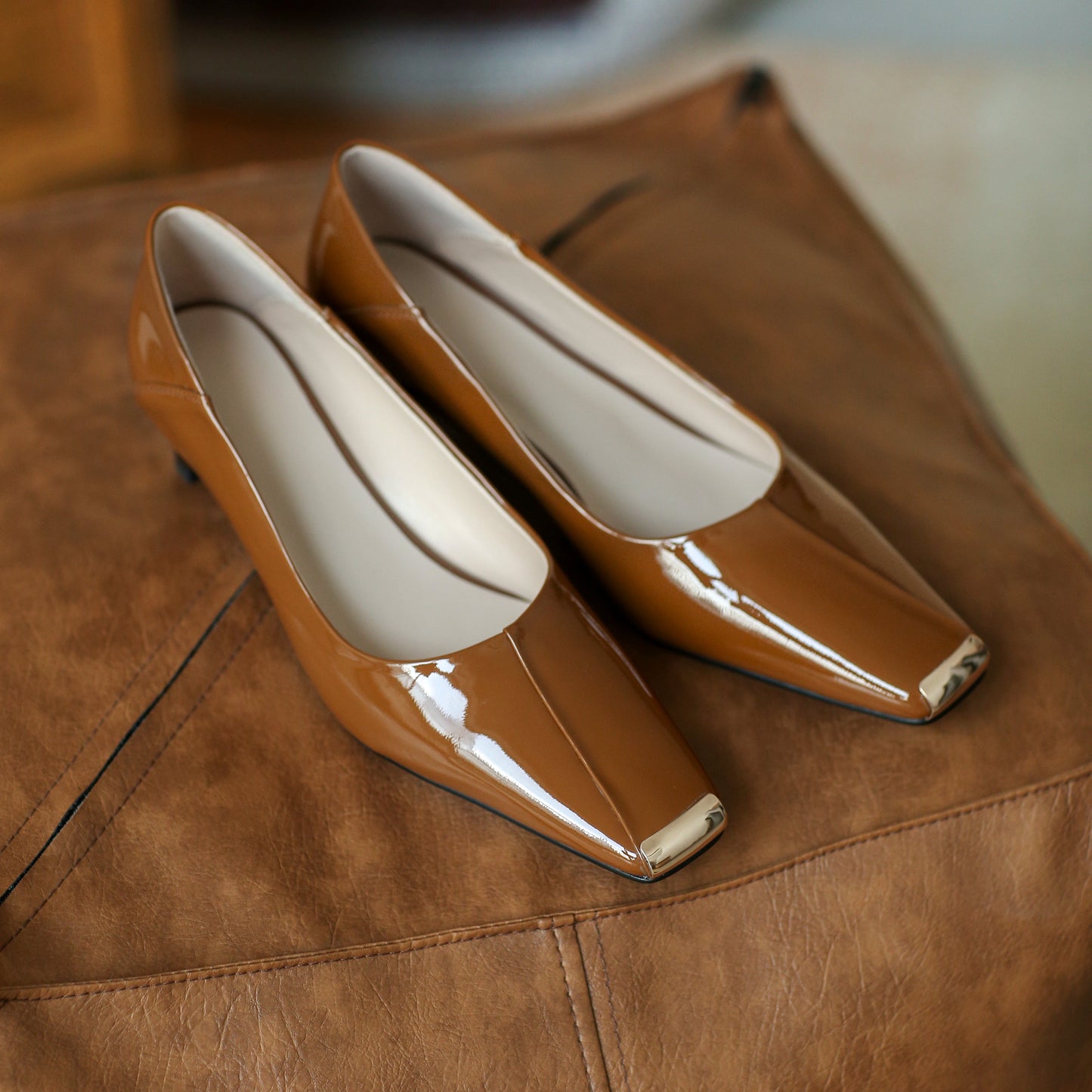 Nine Seven Women's Patent Leather Handmade Low Heel Mental Square Toe Slip On Vintage Loafer Pumps