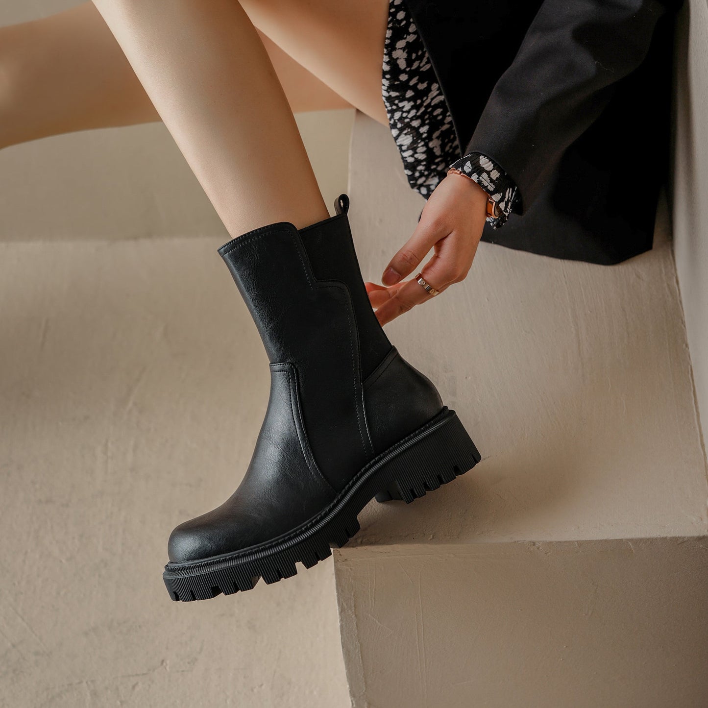 Nine Seven Women's Genuine Leather Handmade Round Toe Side Zip Up Mid Block Heel Mid Calf Boots