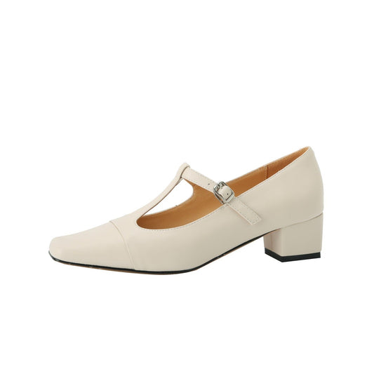 Nine Seven Women's Square Toe Handmade T-Strap Genuine Leather Low Chunky Heel Vintage Pumps Shoes