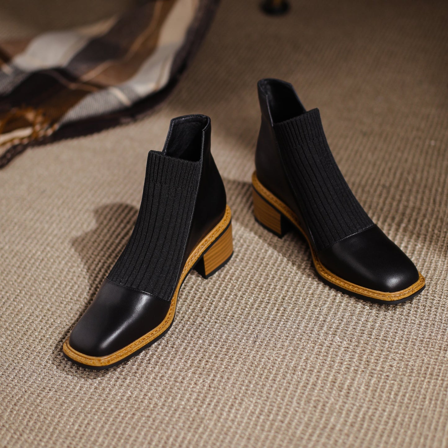 Nine Seven Handmade Women's Genuine Leather Casual Slip on Stretched Woolen Square Toe Low Block Heel Ankle Boots