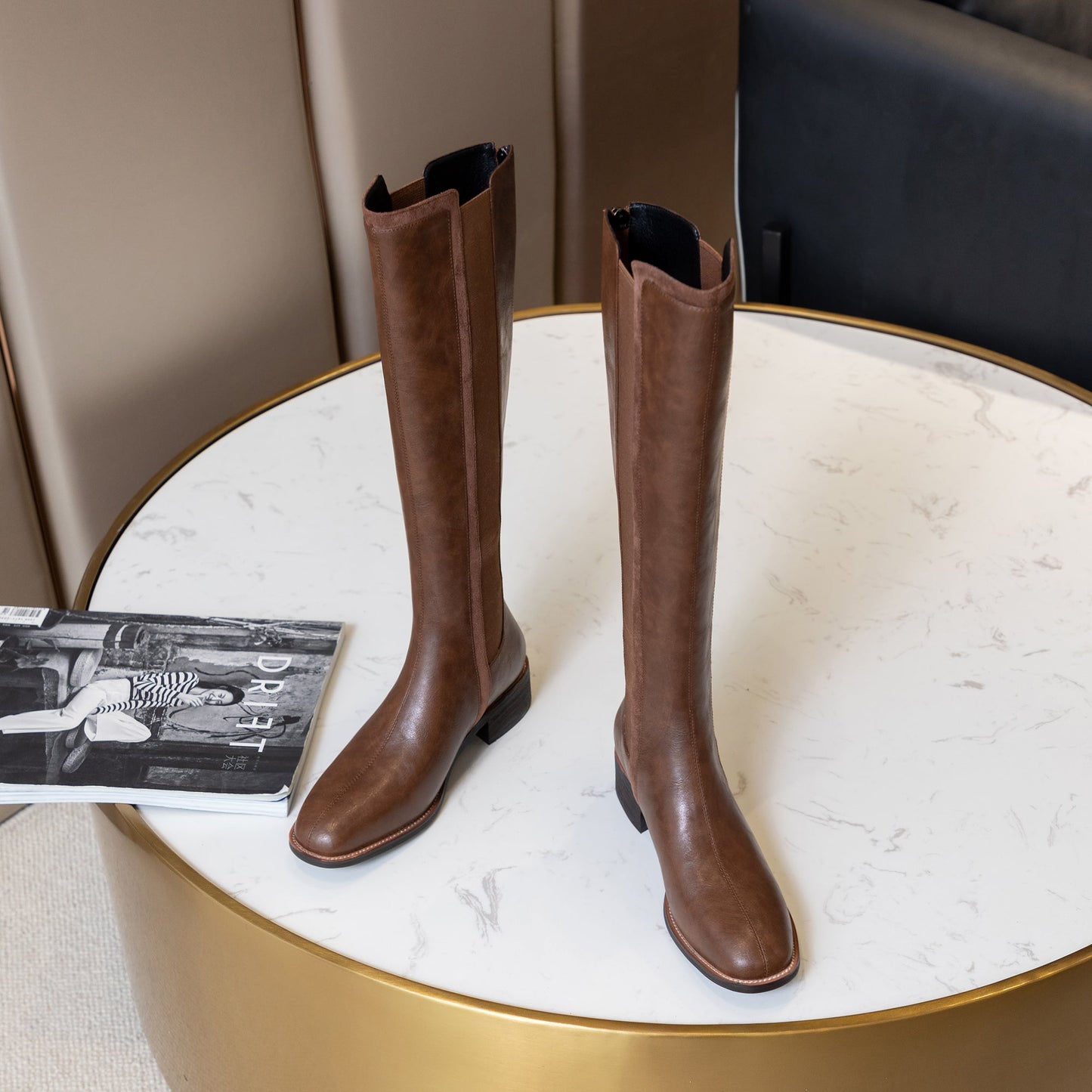 Nine Seven Women's Handmade Genuine Leather Round Toe Comfortable Low Chunky Heel Back Zip Up Knee High Riding Boots