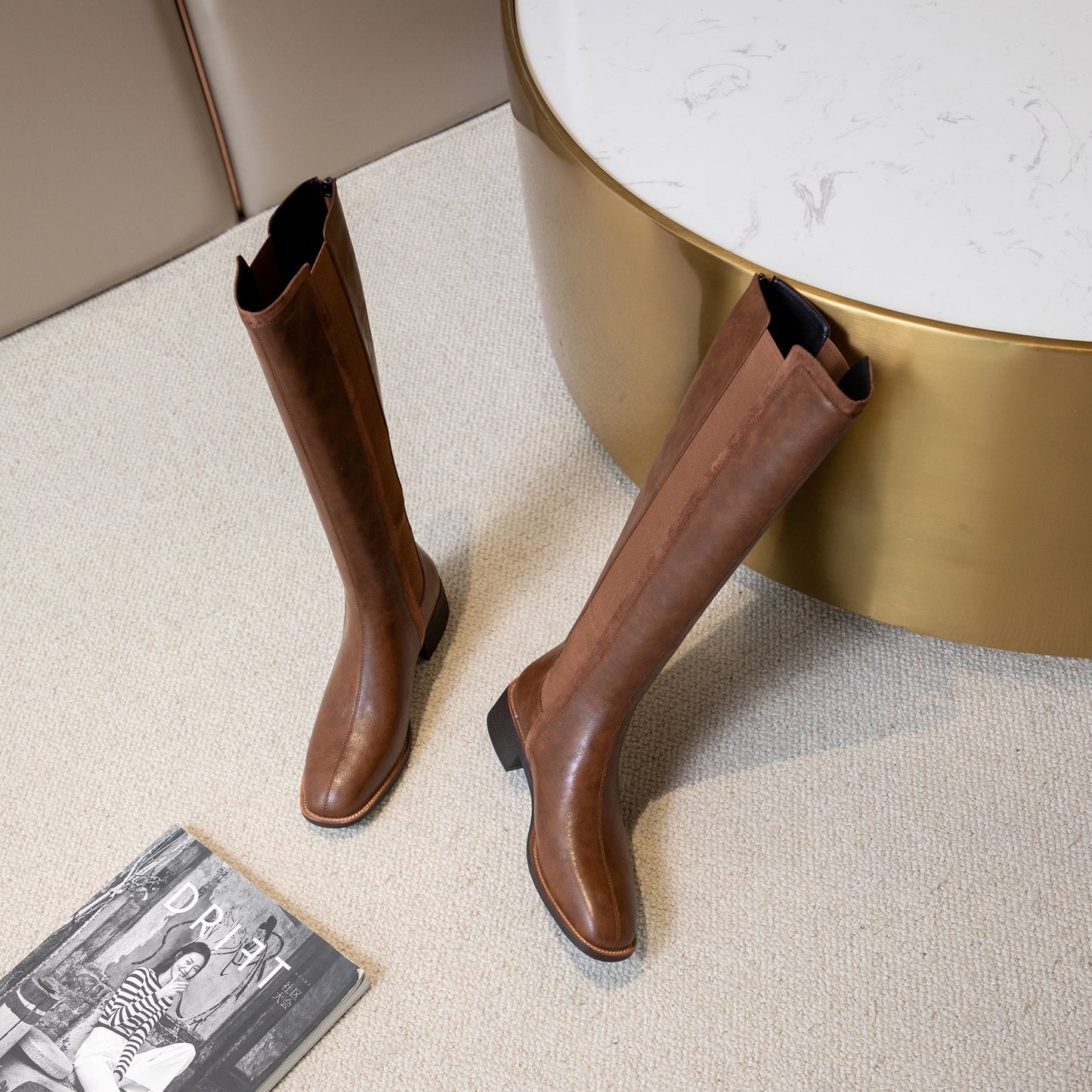 Nine Seven Women's Handmade Genuine Leather Round Toe Comfortable Low Chunky Heel Back Zip Up Knee High Riding Boots