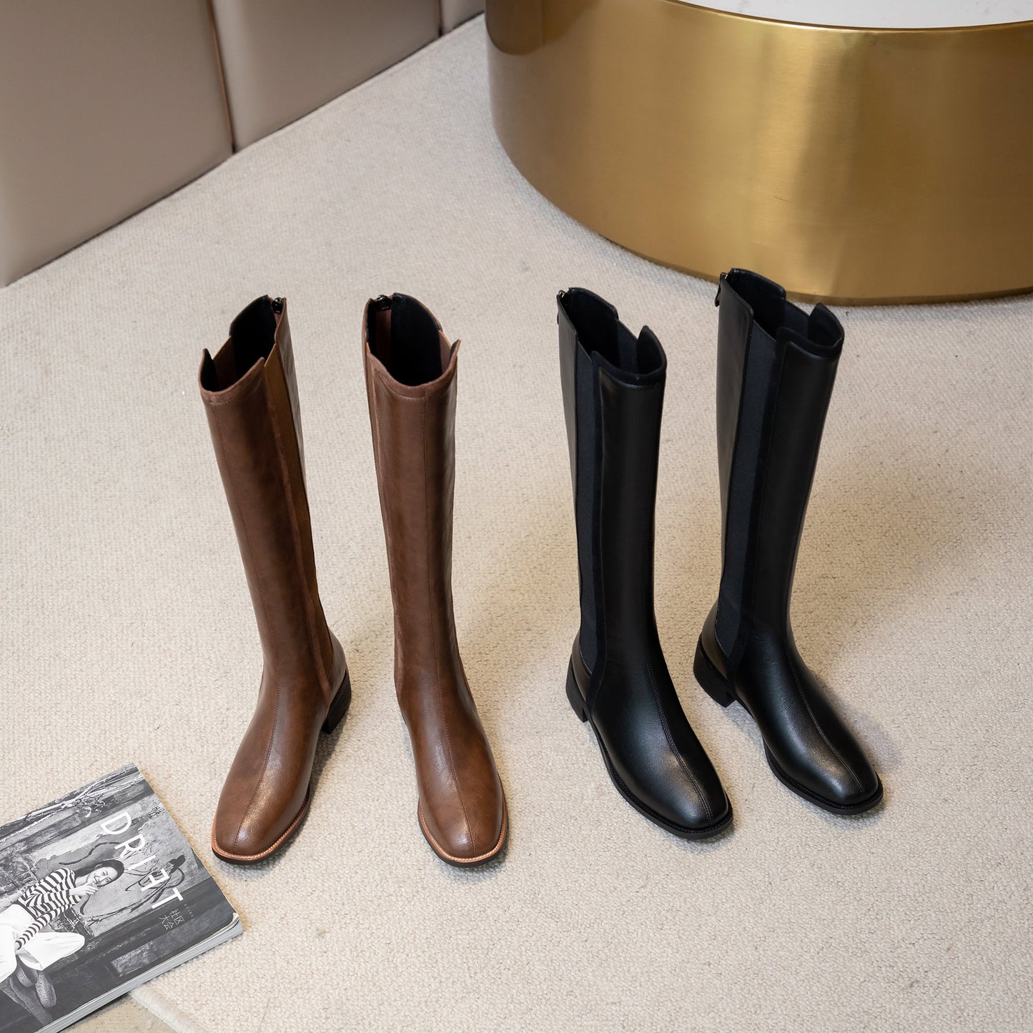 Nine Seven Women's Handmade Genuine Leather Round Toe Comfortable Low Chunky Heel Back Zip Up Knee High Riding Boots