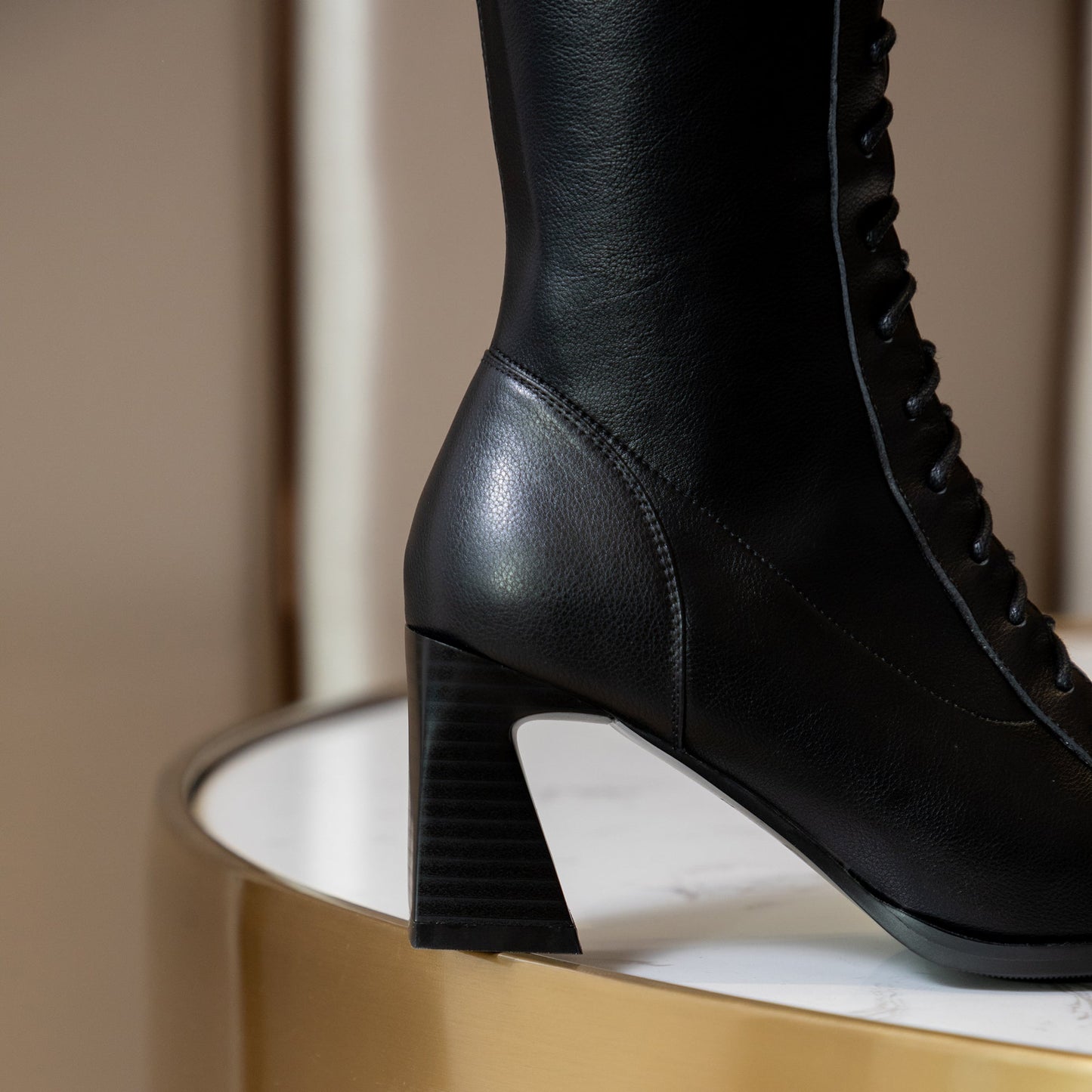 Nine Seven Women's Handmade Genuine Leather Square Toe Mid Spool Heel Side Zip Up Knee High Boots with Cool Adjustable Band