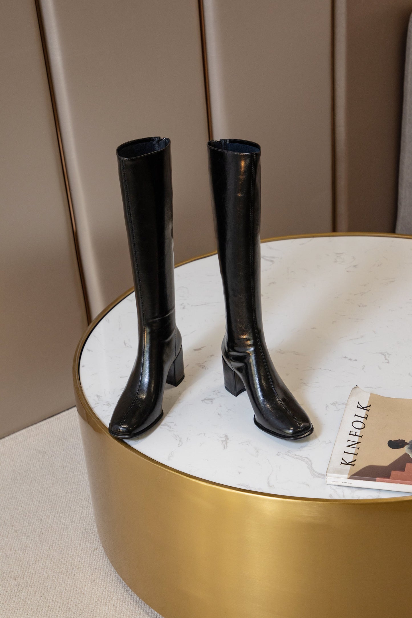 Nine Seven Women's Genuine Leather Handmade Square Toe Mid Chunky Heel Knee High Boots with Back Zipper