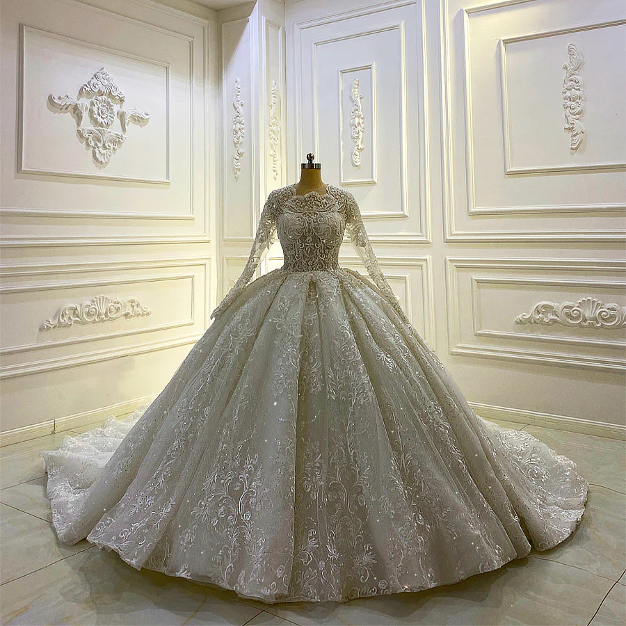 Nine Seven Full Sleeve Lace Appliqued Court Wedding Dress Customization