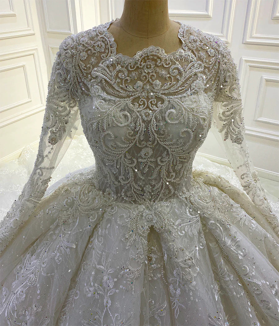 Nine Seven Full Sleeve Lace Appliqued Court Wedding Dress Customization