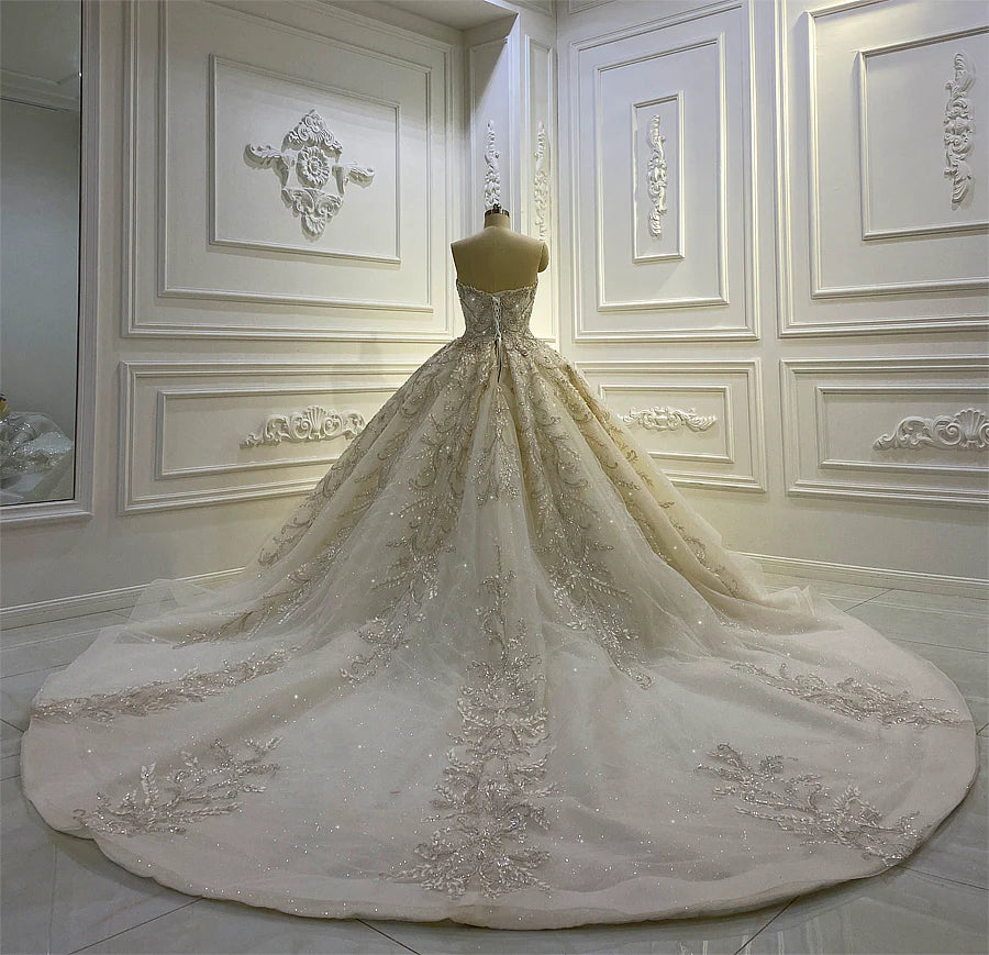 Nine Seven Lace Appliqued Strapless Court Train Ball Grown Sleeveless Wedding Dress Customization