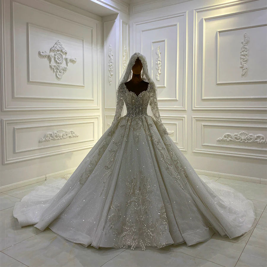 Nine Seven Veils Long Sleeve Lace Applique Wedding Dress Customization