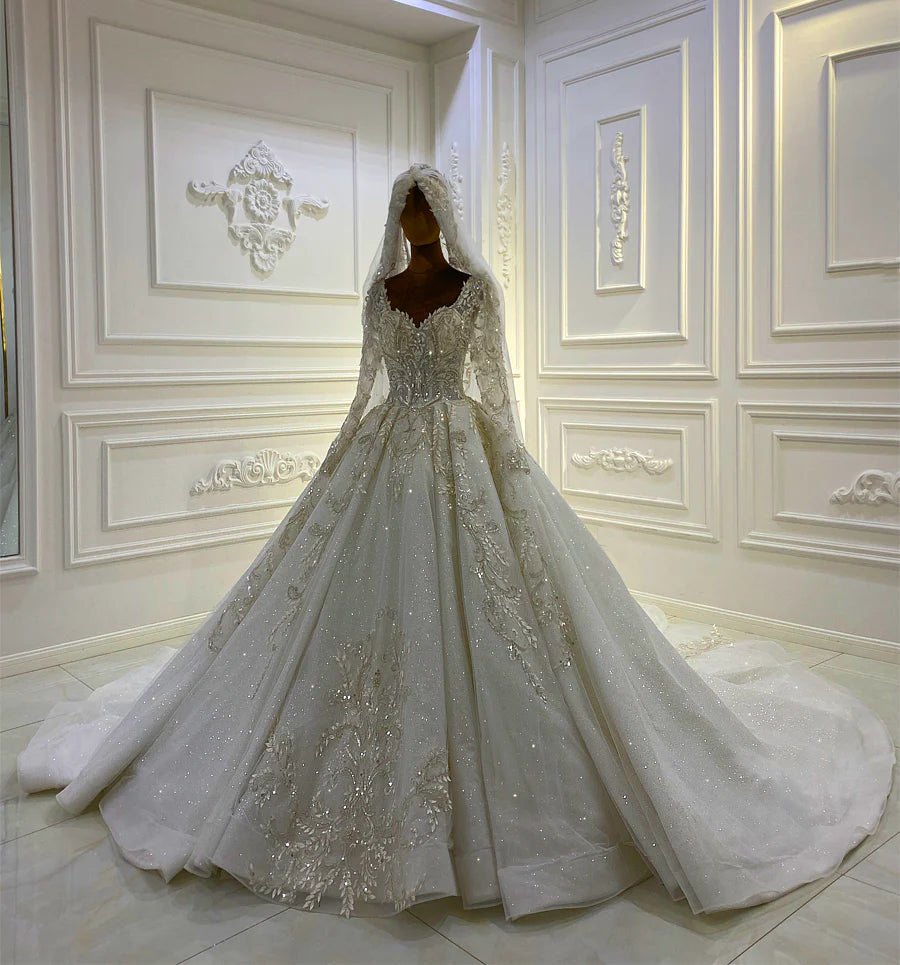 Nine Seven Veils Long Sleeve Lace Applique Wedding Dress Customization