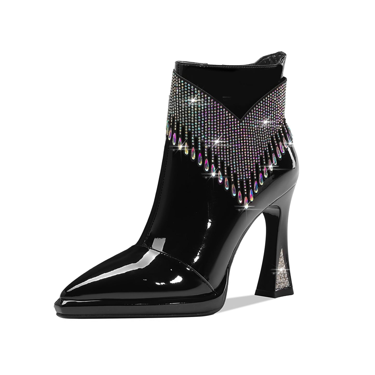 Nine Seven Women's Pointed Toe Patent Leather Handmade Rhinestones Decor Zip Up High Heels Ankle Boots