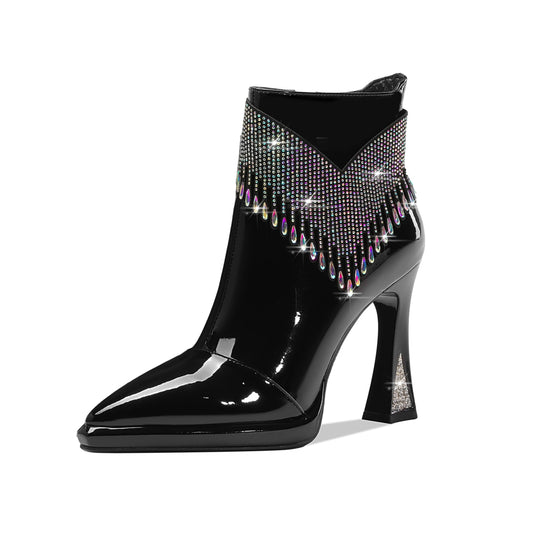 Nine Seven Women's Pointed Toe Patent Leather Handmade Rhinestones Decor Zip Up High Heels Ankle Boots