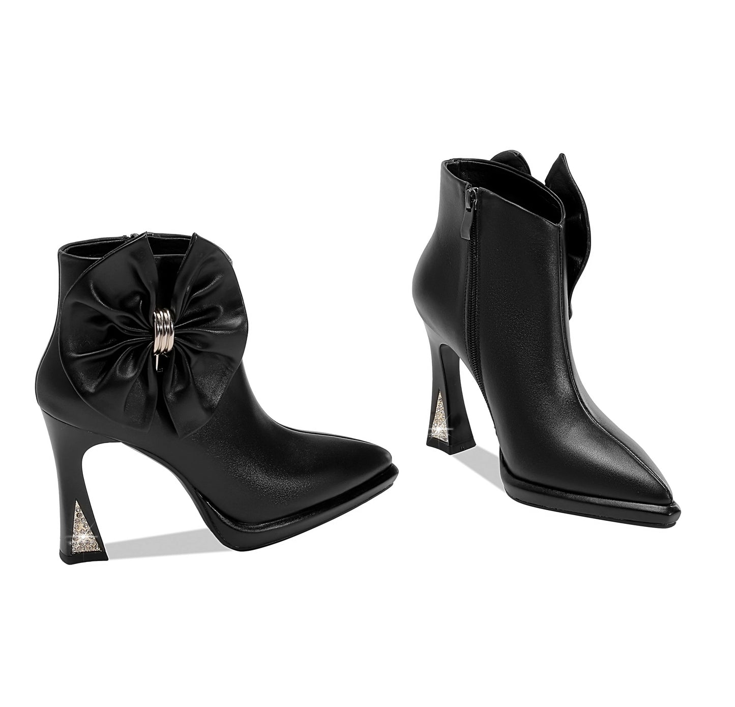 Nine Seven Women's Pointed Toe Genuine Leather Handmade Side Zipper High Heels Stylish Ankle Boots with Bowknot