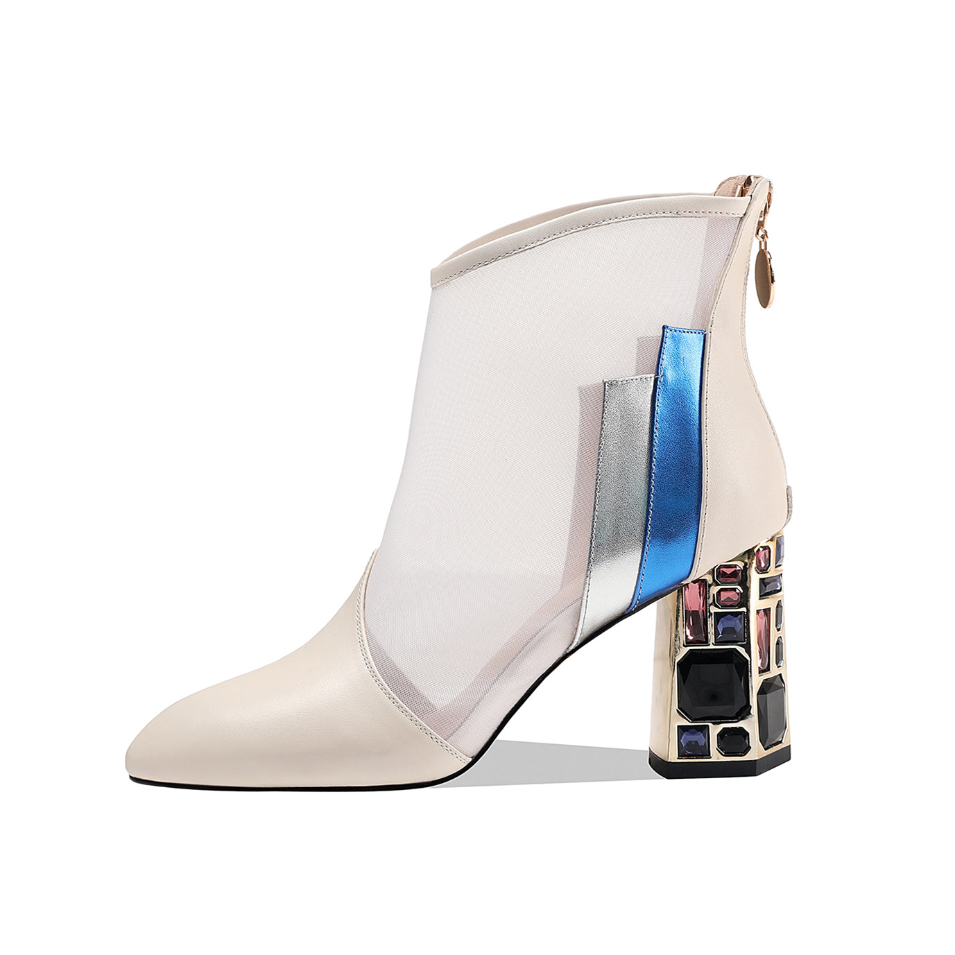 Nine Seven Women's Genuine/Suede Leather with Mesh Handmade Back Zipper High Chunky Heels Summer Boots with Jewelry