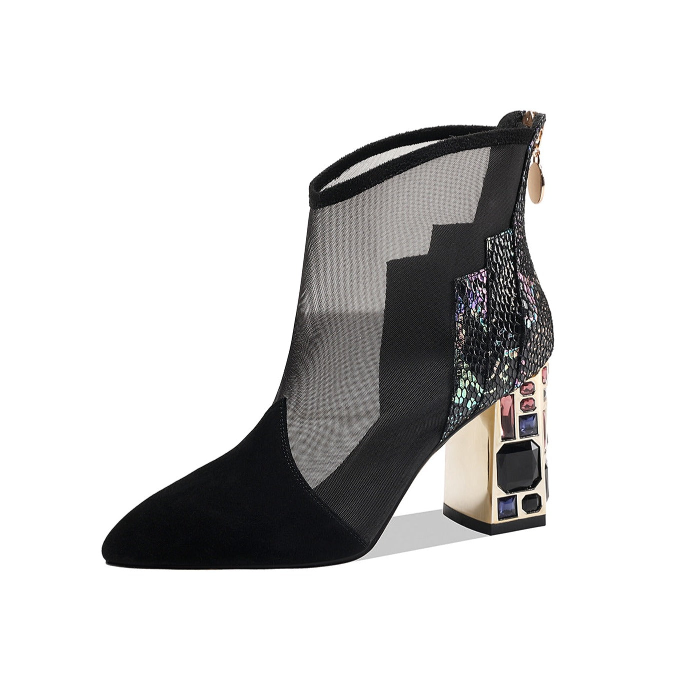 Nine Seven Women's Genuine/Suede Leather with Mesh Handmade Back Zipper High Chunky Heels Summer Boots with Jewelry