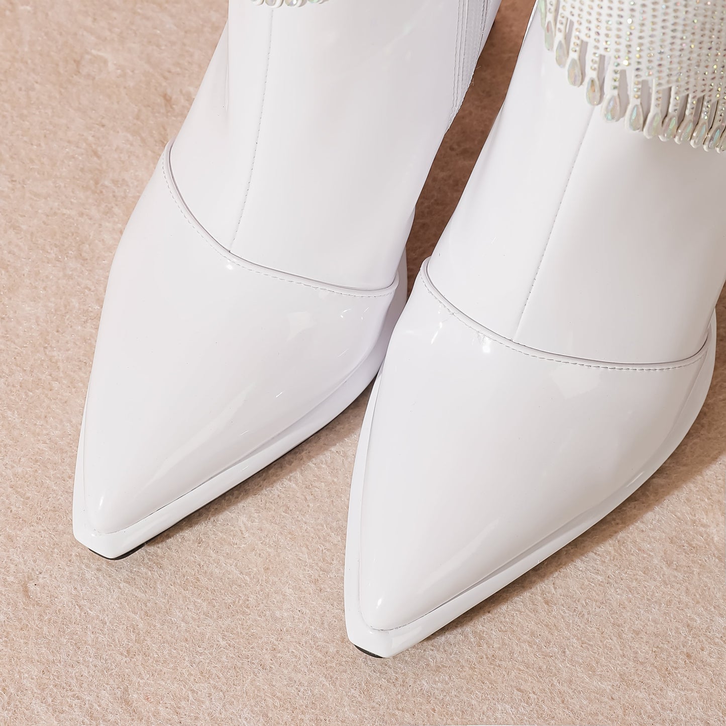 Nine Seven Women's Pointed Toe Patent Leather Handmade Rhinestones Decor Zip Up High Heels Ankle Boots